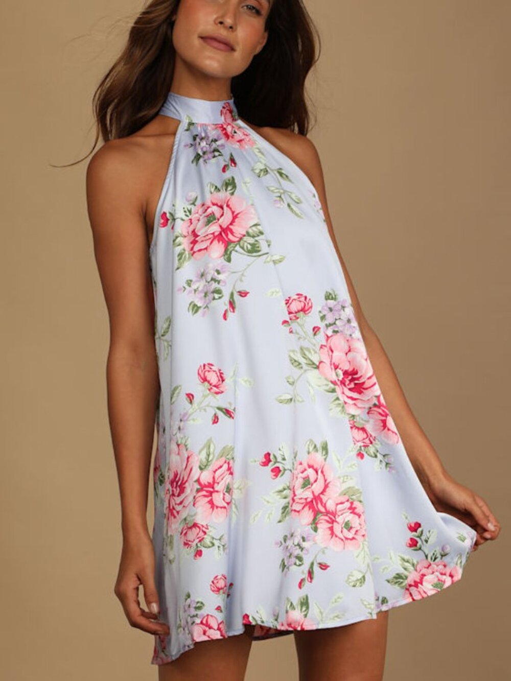 Lulus Get A Bloom Light Blue Floral Print Satin Halter Mini Dress - Size L